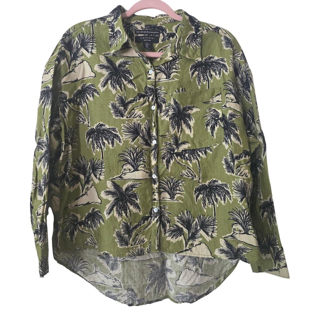 Tahari 100% Linen Green Tropical Print Button-up Top Size Medium